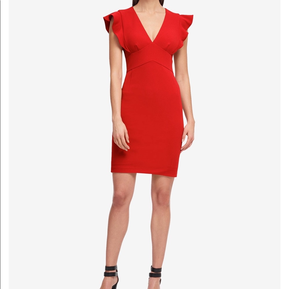 DKNY V-neck Ruffle Cap Sleeve Sheath Dress